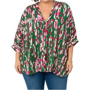 NEW Adrienne Sheer Blouse Womens Plus 1X Button-Up Oversized Shirt Berry Forest